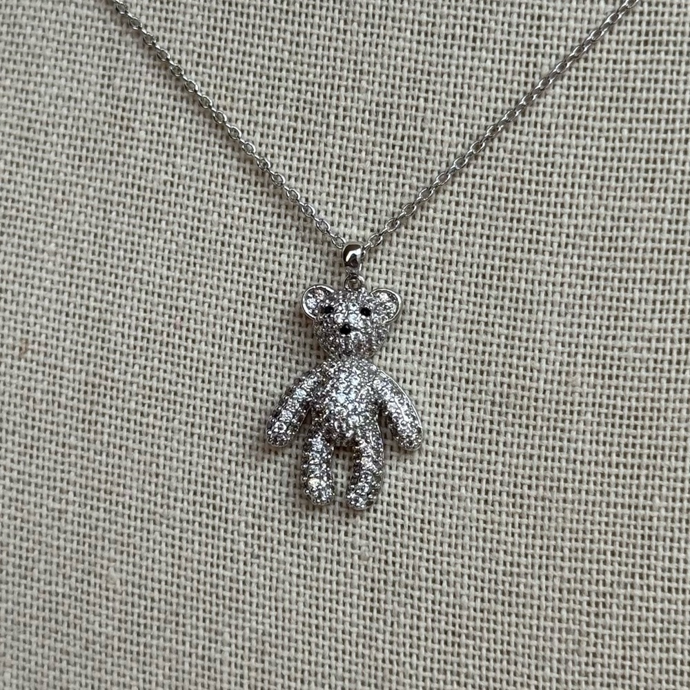 Silver Cubic Zirconia Bear Pendant Necklace